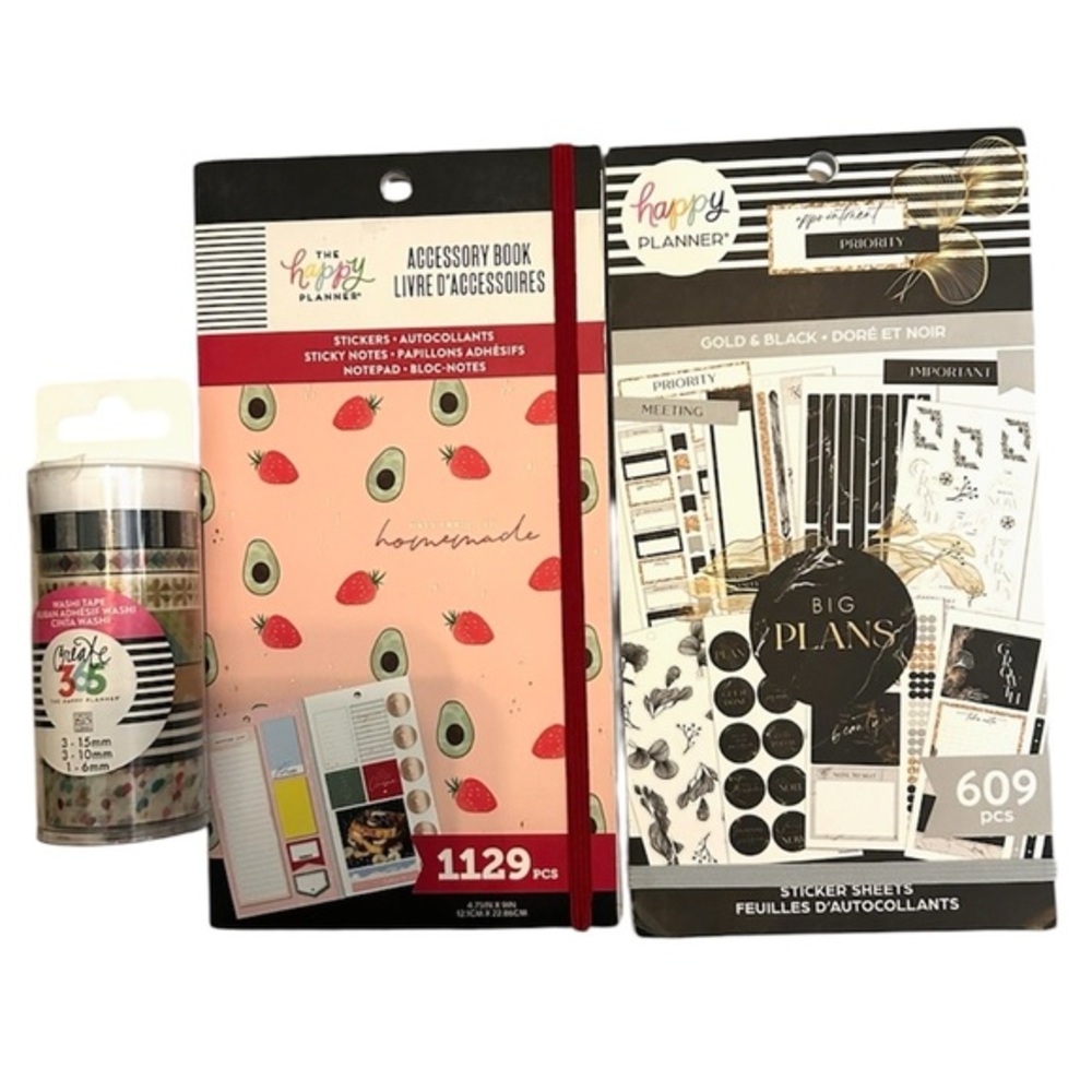 The happy planner 2 accessory books and a pack of washi tape